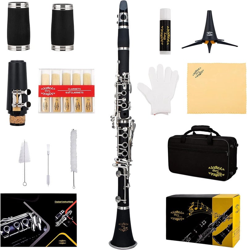 Glory GLY-PBK Professional Ebonite Bb Clarinet with 10 Reeds, Stand, Hard Case, Cleaning Cloth, Cork grease, Mouthpiece Brush and Pad Brush, Black - Image 1